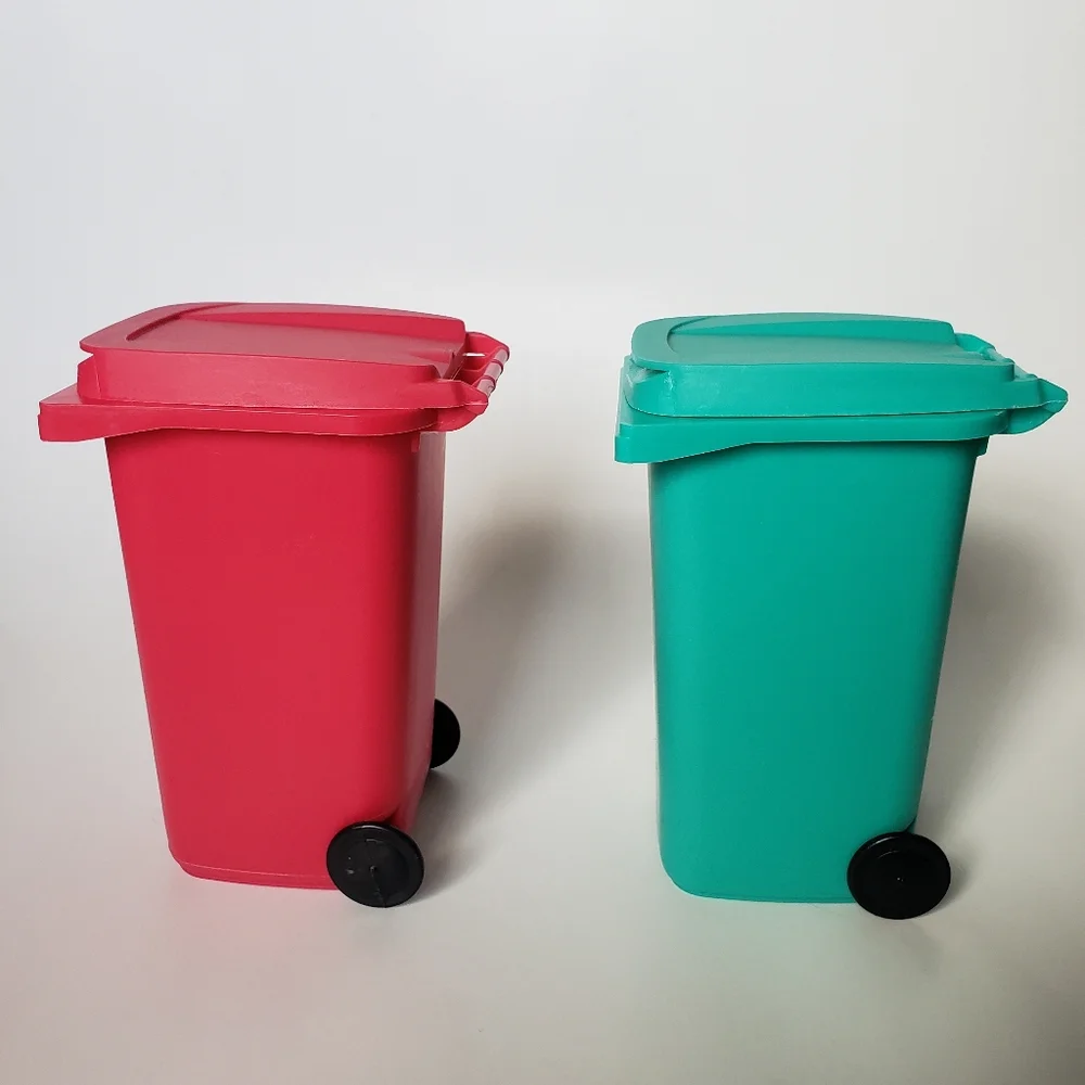 Mini Desk Wheelie Trash Bin Pen Pencil Holder Pink